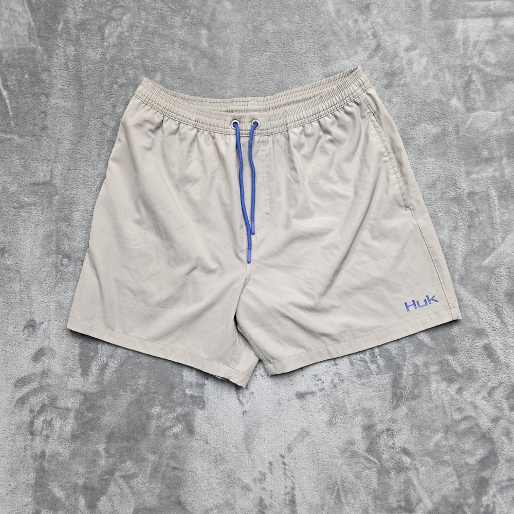 Huk Performance Fishing Shorts Mens Size Large 32W Tan Khaki Blue Drawstring